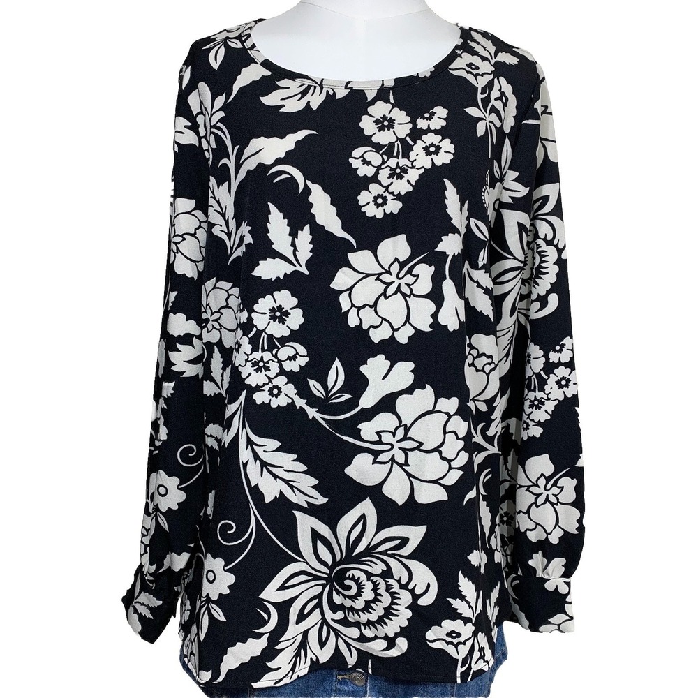 D&Co Signature Blouse Womens Large Black White Floral Long Sleeve Scoop Neck Top